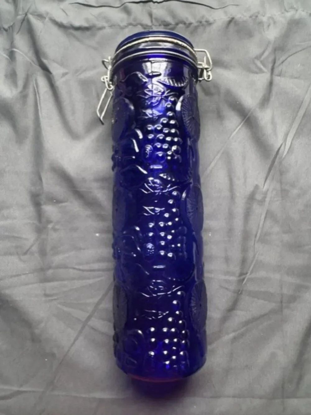 Vin Cobalt Blue Canister Glass Fruit Embossed 13" Tall Wire Bale Grape/Orange